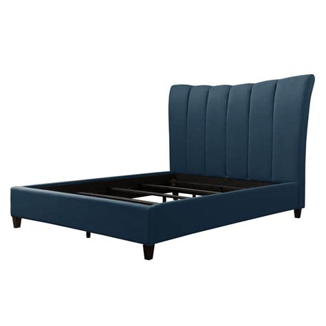 Corliving Navy Blue Fabric Vertical Channel Tufted Bed Frame Queen