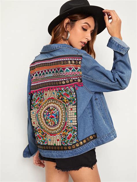 ripped embroidery back denim jacket check out this ripped embroidery back denim jacket on shein