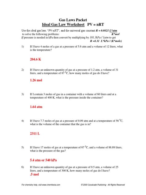 Gas Laws Packet Ideal Gas Law Worksheet PV NRT PDF Gases