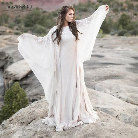 Nude Chiffon Boho Wedding Dresses Batwing Sleeve Mermaid Lace