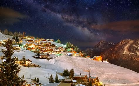 Winter Mountains Sky Night Stars Houses Lights