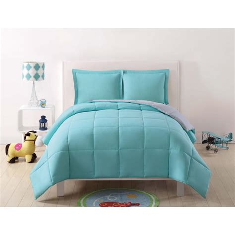 39 w x 75 l +16. Anytime Solid Turquoise and Grey Reversible 2-Piece Twin ...