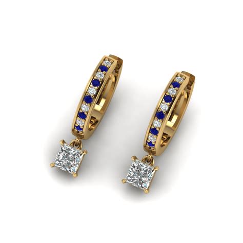 Princess Cut Drop Hoop Diamond Earring With Sapphire In 14k Yellow Gold
