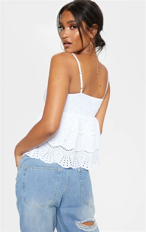White Broderie Anglaise Frill Hem Cami Top Prettylittlething