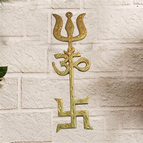 Swastik Om Trishul 6 Inches Trishakti Yantra Pure Brass Vastu Wall Han