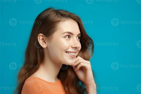 Profile Side View Portrait Of Attractive Cheerful Girl Demonstrating Copy Space Ad New Isolated