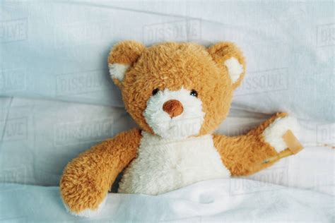 Close Up View Of Cute Teddy Bear Toy Lying In Bed With Drop Counter