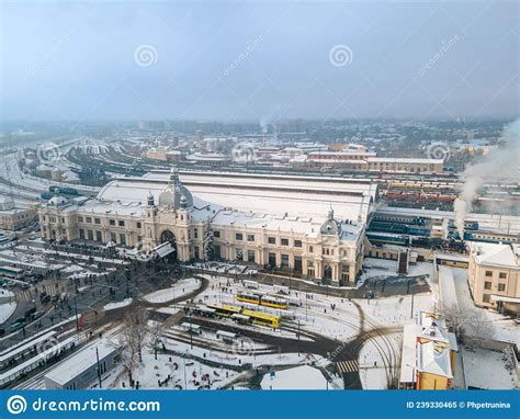 Aerial View Of Lviv Railway Station At Winter Time Stock Image Image
