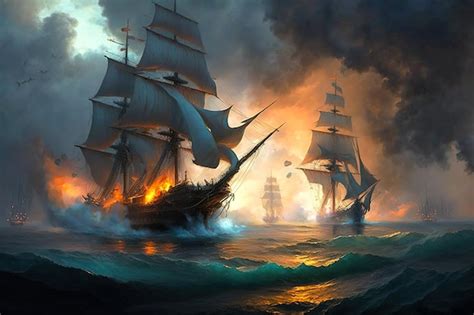 Premium Ai Image Battle Of Sea Old Sailing Ships In Fire And Smoke