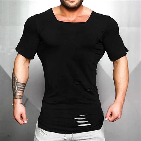 Rrive Mens Ripped Holes Crew Neck Summer Short Sleeve Solid T Shirt Tee