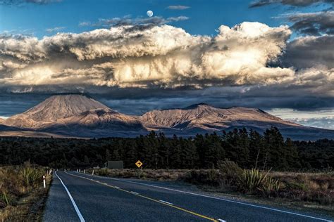 Mountain Volcano Clouds Sunset Road Highway Forest New Zealand