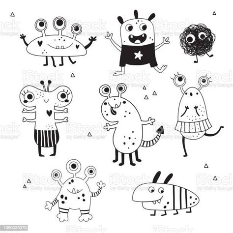 Cute Set Of Black And White Monsters Stock Illustration Download