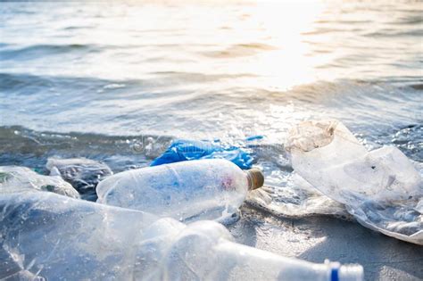 Empty Plastic Bottles On The Beach Seashore And Water Pollution Concept Stock Image Image Of