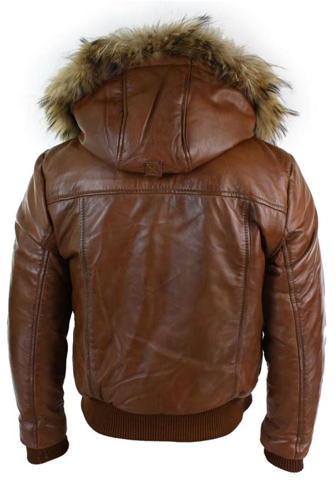 Mens Real Fur Hood Bomber Leather Jacket Tan Timber Brown