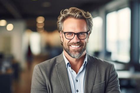 Premium Ai Image A Man Wearing Glasses And A Suit Stands In An Office