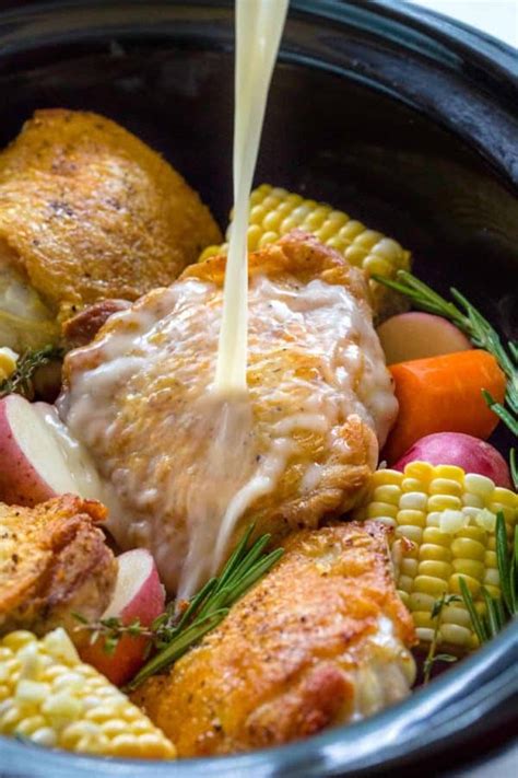 Protein and hearty root vegetables simmer in a light lemon. Slow Cooker Chicken Thighs with Vegetables - Jessica Gavin