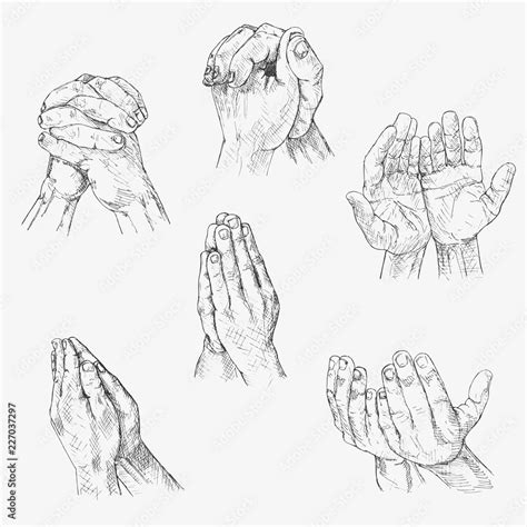 Set Of Human Hands Folded In Prayer Hand Drawn Vector Illustration