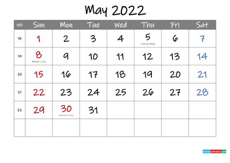 May 2022 Printable Calendar With Holidays Best Calendar Example