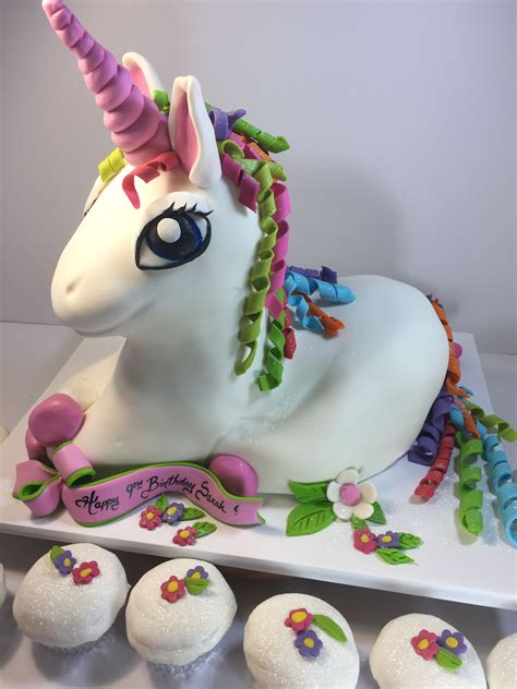 3d Rainbow Unicorn Cake With Individual Cupcakes All Fondant Cake