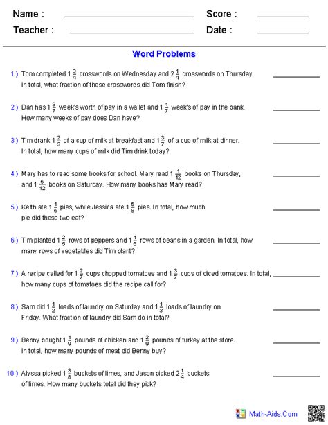 Adding And Subtracting Mixed Numbers Word Problems Worksheet