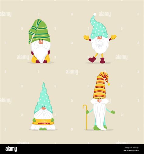 Cute Christmas Gnomes Vector Characters In Flat Style Set Of Christmas Gnomes With Ts