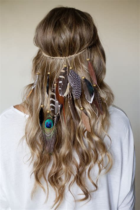 boho festival feather headband hippie style braided stretch band lovmely