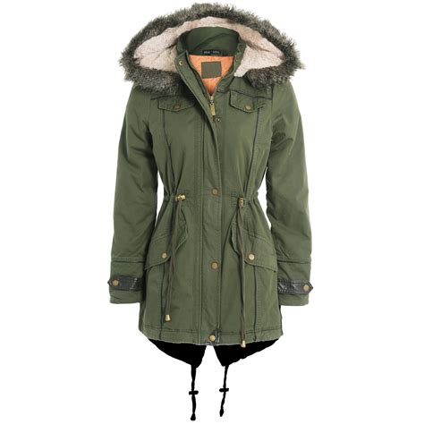 Womens Ladies Khaki Military Fur Hood Fishtail Parka Coat Jacket 8 10