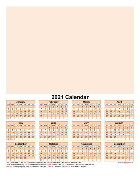 Free 2021 Yearly Calender Template 2021 Calendar Printable