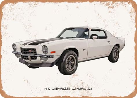 Classic Car Art 1972 Chevy Camaro Z28 Oil Painting Rusty Look Metal