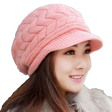Women Winter Warm Knit Hat Wool Snow Ski Caps With Visorpink Winter