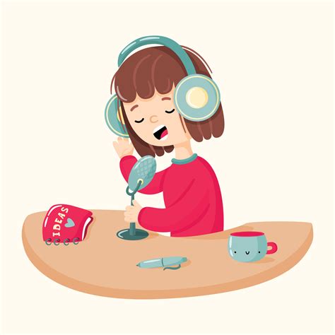Podcasting Flat Vector Illustration Cute Girl With Headphones