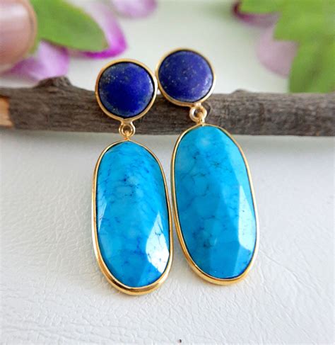 Turquoise And Lapis Lazuli Gemstone Gold Vermeil Studs Earring Etsy