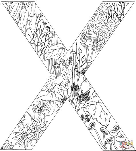 Letra X con plantas para colorear Letra X para colorear Páginas