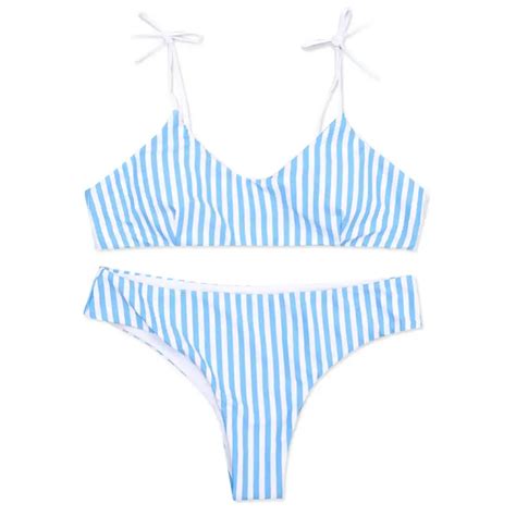 Blue Stripe Bikini Split Sexy Cute Women Girls Swimwear Beach Holiday Swimwear Bikinis Set Women