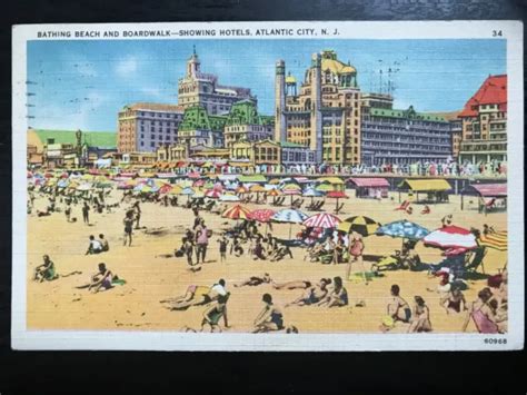 Vintage Postcard 1939 Bathing Beach Boardwalk Hotels Atlantic City New