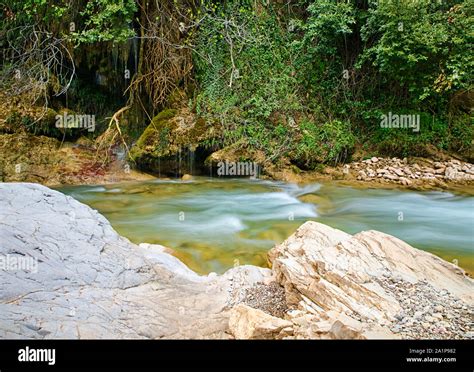 Water Flow Detail And Rocks In Neda River Peloponnese Greece Stock