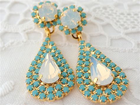 White Opal And Turquoise Chandelier Earrings Bridal Earrings Etsy