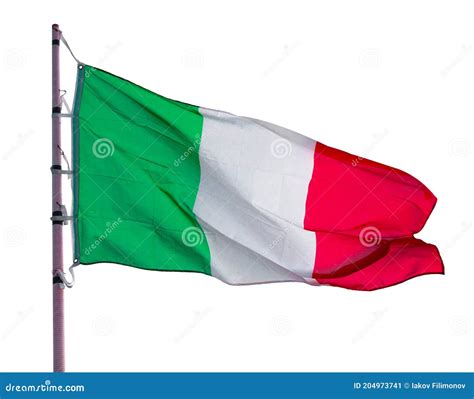 National Tricolour Flag Of Italy On Flagpole Isolated On White