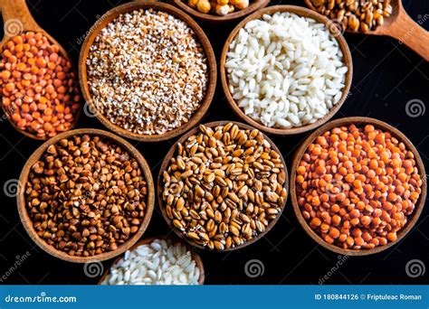 Bowls Of Various Cereals Various Kinds Of Natural Grains And Cereals