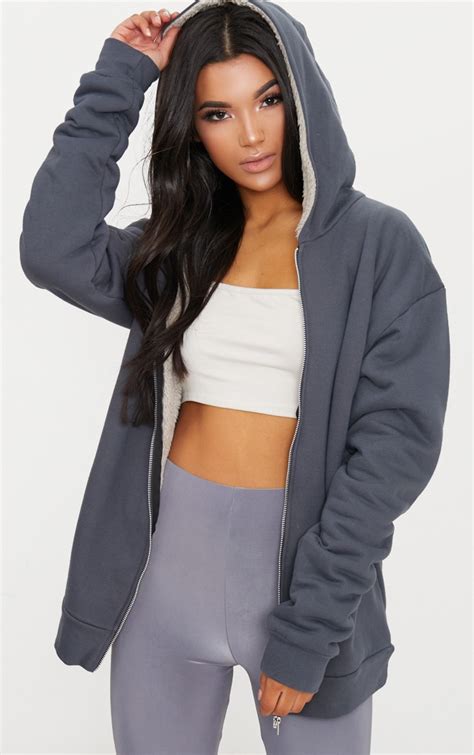 High quality hoodies womens oversized zip up hoodie harajuku streetwear sweatshirts simple daily stylish women hoodie bf chic. Charcoal Blue Oversized Borg Lined Zip Up Hoodie ...