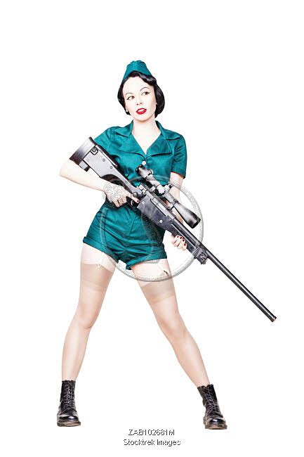 Beautiful Pin Up Girl With Sniper Rifle Dressed In Military Clothing
