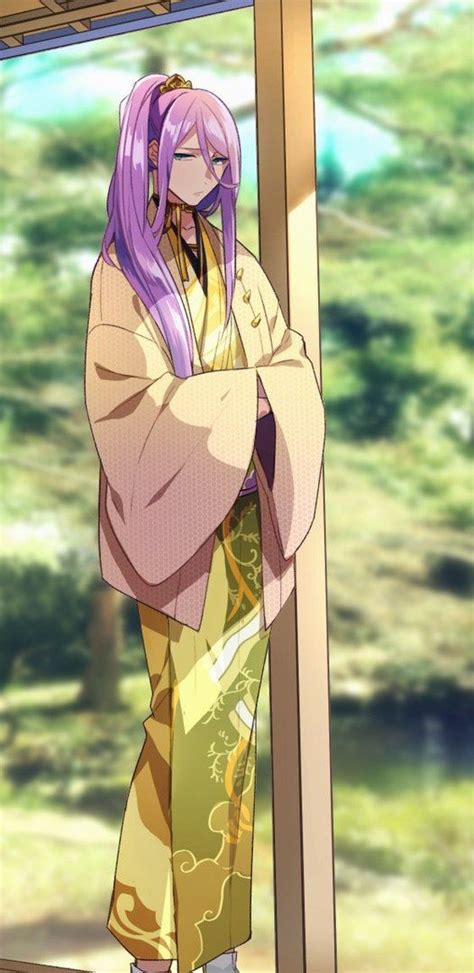 An Anime Character With Purple Hair Standing In Front Of A Window