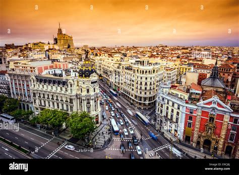 Madrid Spain Cityscape Above Gran Via Shopping Street Stock Photo Alamy