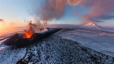 Volcano Mountain Winter Snow Lava Clouds Wallpapers Hd Desktop