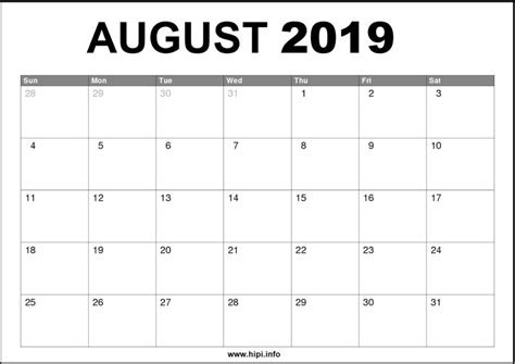 August 2019 Calendar Printable Monthly Calendar Free Download Hipi