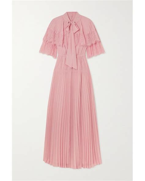 Self Portrait Lace Trimmed Pleated Chiffon Maxi Dress In Pink Lyst