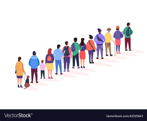 Back Stand Queue Queueing People Crowd Long Line Vector Image