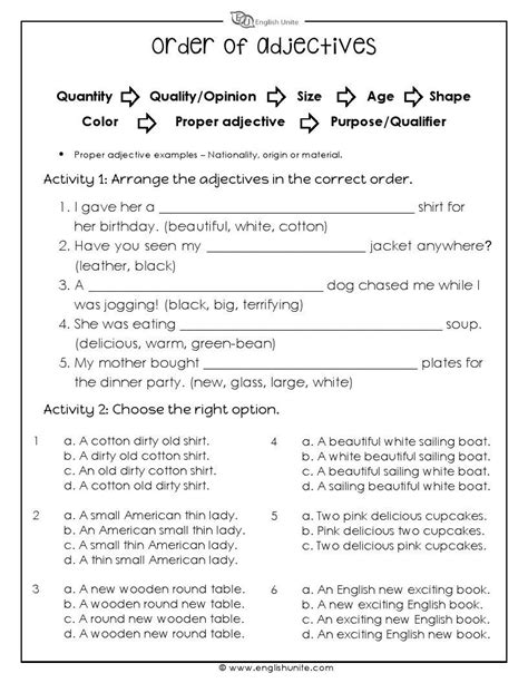 A word or phrase that describes an action, condition or experience e.g. The order of adjectives worksheet focuses on sorting a ...