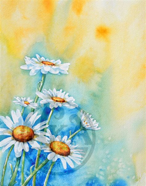 Daisy Flower Art In Watercolor Print White Daisies Watercolor Etsy