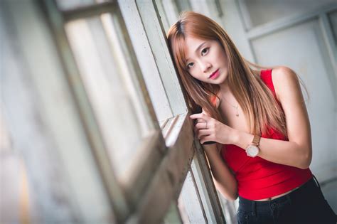Asian Brunette Girl Model Long Hair Lipstick Woman Wallpaper